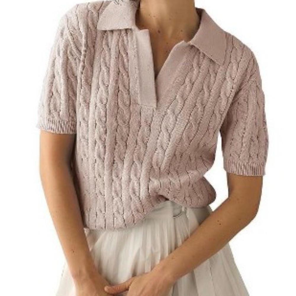 Dusty Rose Cable Knit Polo - Coquette Aesthetic - L